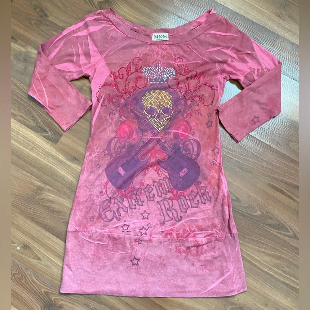 Pink and purple bedazzled rock skull long sleeve